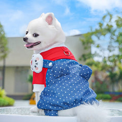 New Cute Dog Bodysuit: Denim & Polka Dot Overalls Style with Harness Hole