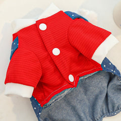 New Cute Dog Bodysuit: Denim & Polka Dot Overalls Style with Harness Hole