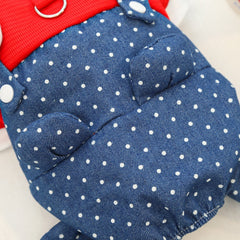 New Cute Dog Bodysuit: Denim & Polka Dot Overalls Style with Harness Hole