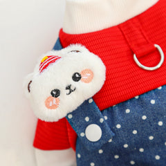 New Cute Dog Bodysuit: Denim & Polka Dot Overalls Style with Harness Hole