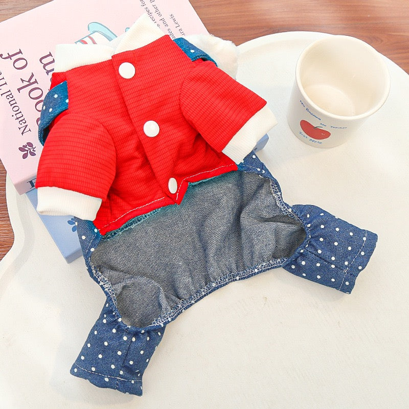 New Cute Dog Bodysuit: Denim & Polka Dot Overalls Style with Harness Hole