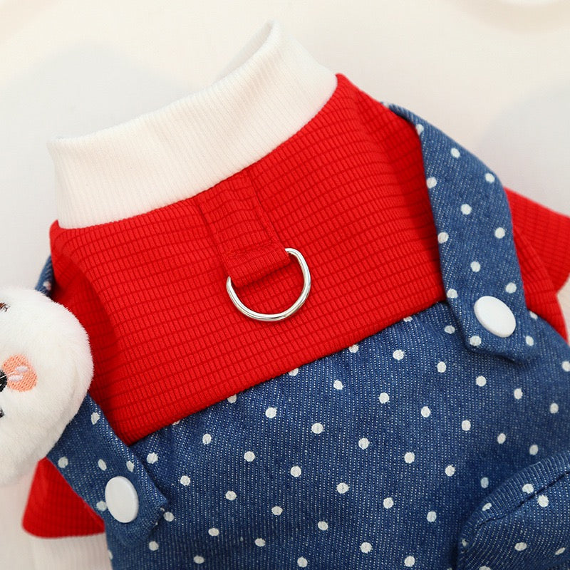 New Cute Dog Bodysuit: Denim & Polka Dot Overalls Style with Harness Hole