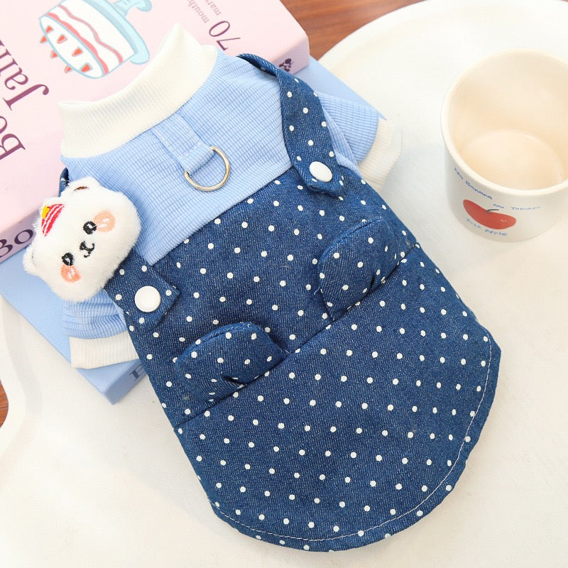 New Cute Dog Bodysuit: Denim & Polka Dot Overalls Style with Harness Hole