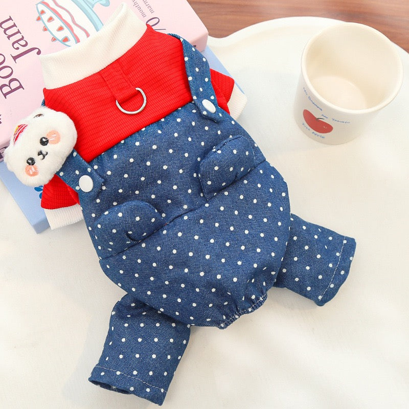 New Cute Dog Bodysuit: Denim & Polka Dot Overalls Style with Harness Hole
