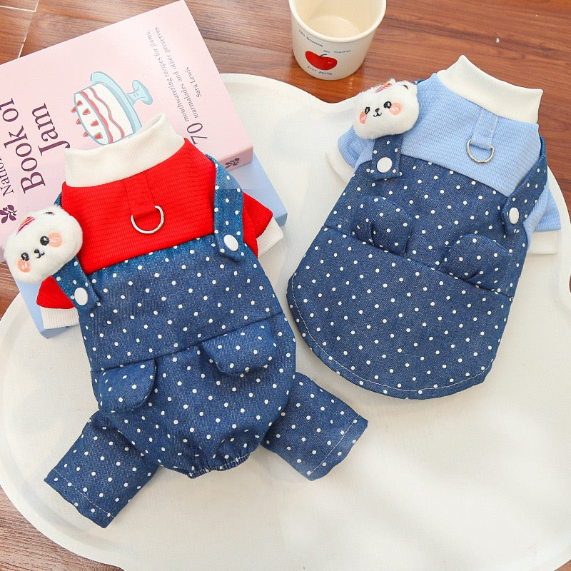 New Cute Dog Bodysuit: Denim & Polka Dot Overalls Style with Harness Hole