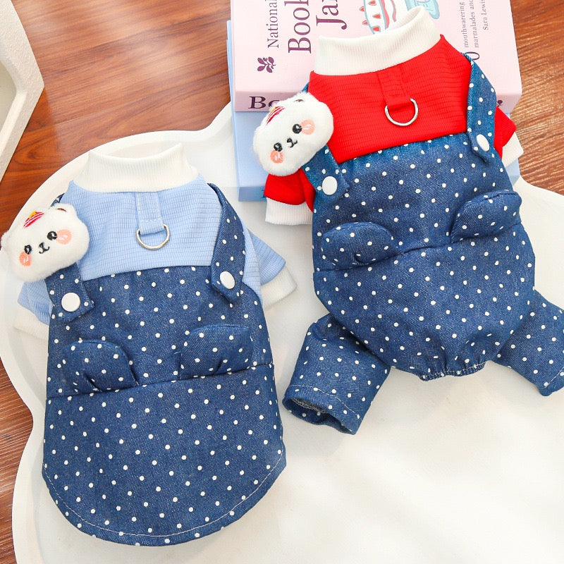New Cute Dog Bodysuit: Denim & Polka Dot Overalls Style with Harness Hole