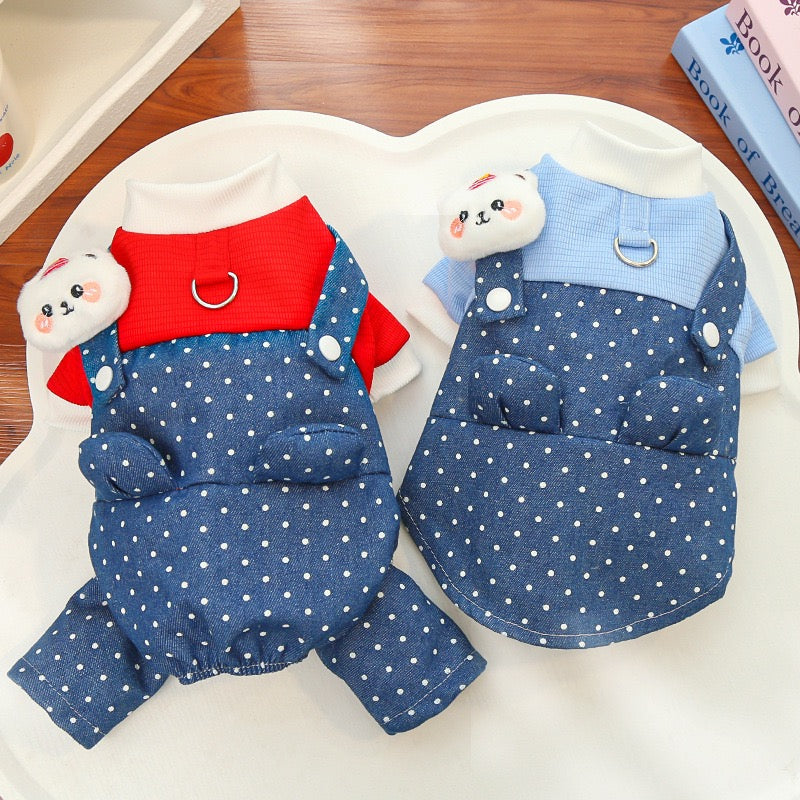New Cute Dog Bodysuit: Denim & Polka Dot Overalls Style with Harness Hole
