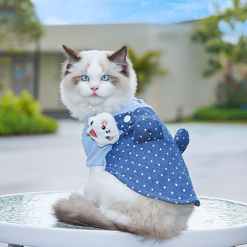 New Cute Dog Bodysuit: Denim & Polka Dot Overalls Style with Harness Hole