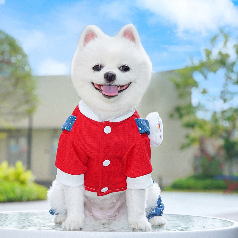 New Cute Dog Bodysuit: Denim & Polka Dot Overalls Style with Harness Hole