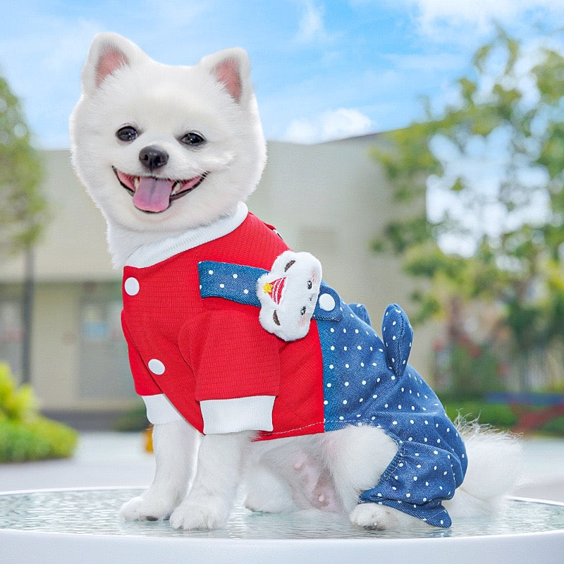 New Cute Dog Bodysuit: Denim & Polka Dot Overalls Style with Harness Hole